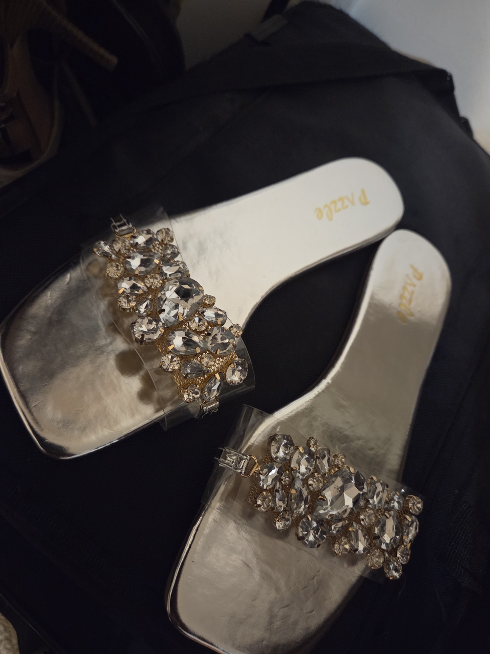Gold And Silver Jeweled Slide Sandals with Clear Strap